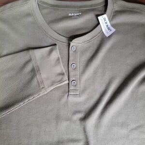 Old Navy Henley Shirt Mens XXL Olive Green Waffle‎ Knit Thermal Built-In Flex